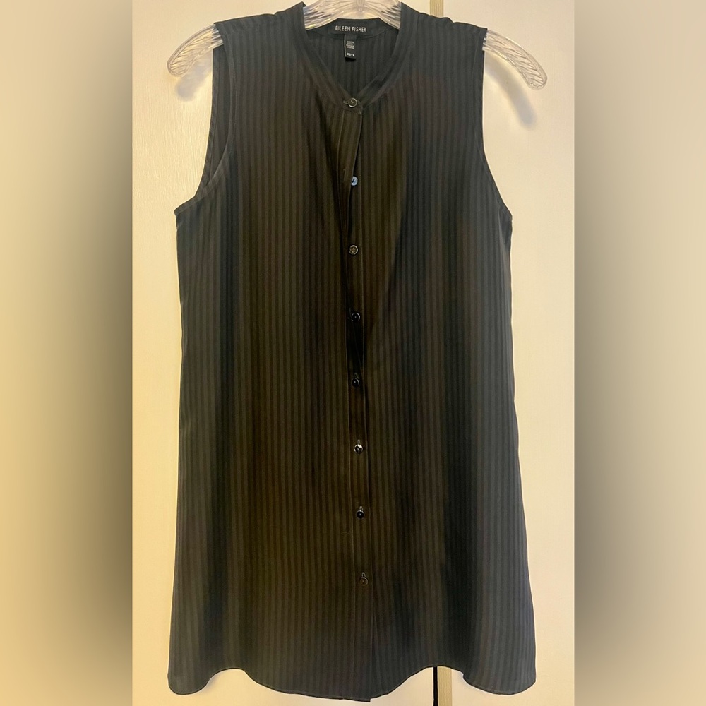 Eileen Fisher Striped Black and Grey Button-Up Silk Tunic